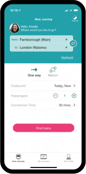 パッセンジャーアシスタンスの乗客版アプリの旅行予約画面が表示された携帯電話のあるビデオのサムネイル。
