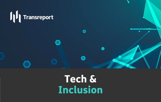 Heading reads "Tech & Inclusion" in a black rectangle along the bottom of the image. "Inclusion" is in teal font and the rest is in white. Dark blue background with teal lines and geometric shapes scattered on it. White Transreport logo in the top left corner, 4 pillars with Transreport to their right.
