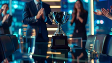 A trophy on a table in a conference room, with people clapping in the blurred background.