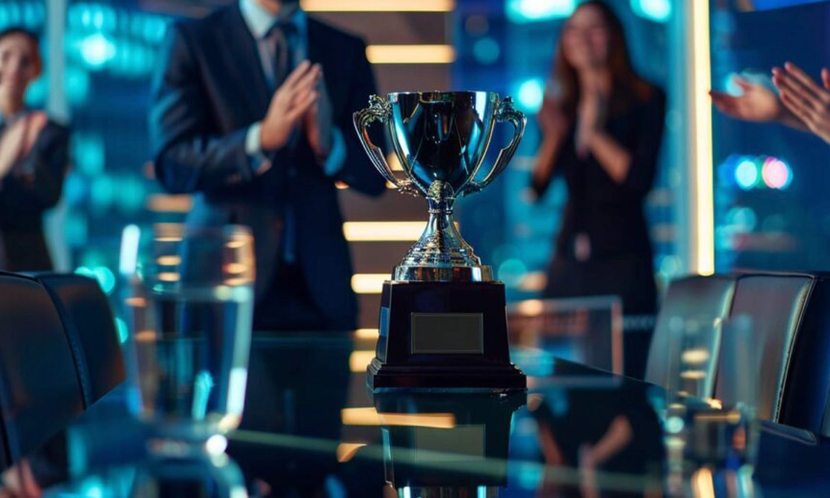 A picture of a silver trophy in focus sitting on a table in an office, with men and women in suits and business attire, out of focus, clapping in the background.