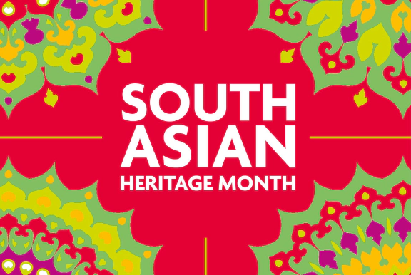 The South Asian Heritage month logo on a red background, surrounding by green and yellow kaleidoscopic geometric shapes
