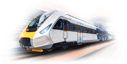 A commercial passenger train on a dark blue background.