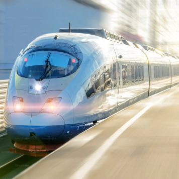 Photo of a blue and white train beside a platform. Photo of a blue and white train beside a platform.