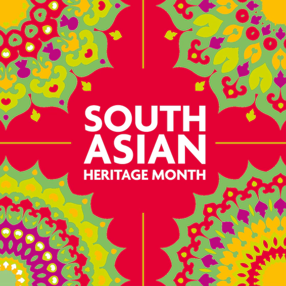 The South Asian Heritage month logo on a red background, surrounding by green and yellow kaleidoscopic geometric shapes