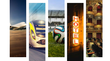 Vertical panels displaying images of an airplane, train, soccer stadium, hotel sign, and theatre.
