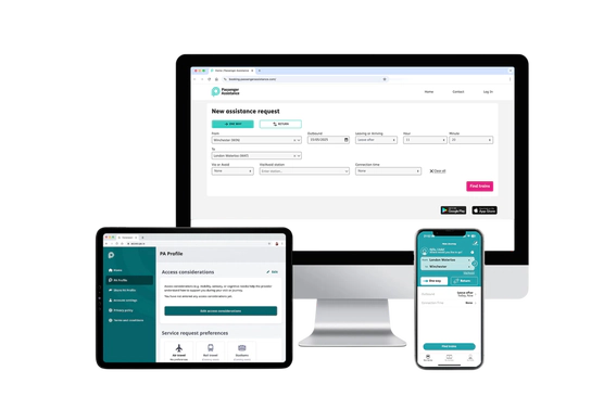PA Engagement technology shown on desktop, tablet, and smartphone screens, displaying journey planning and profile settings.