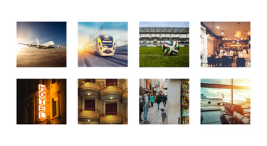 Eight images: crowd, restaurant, train, airplane, woman, theatre, street, airport.