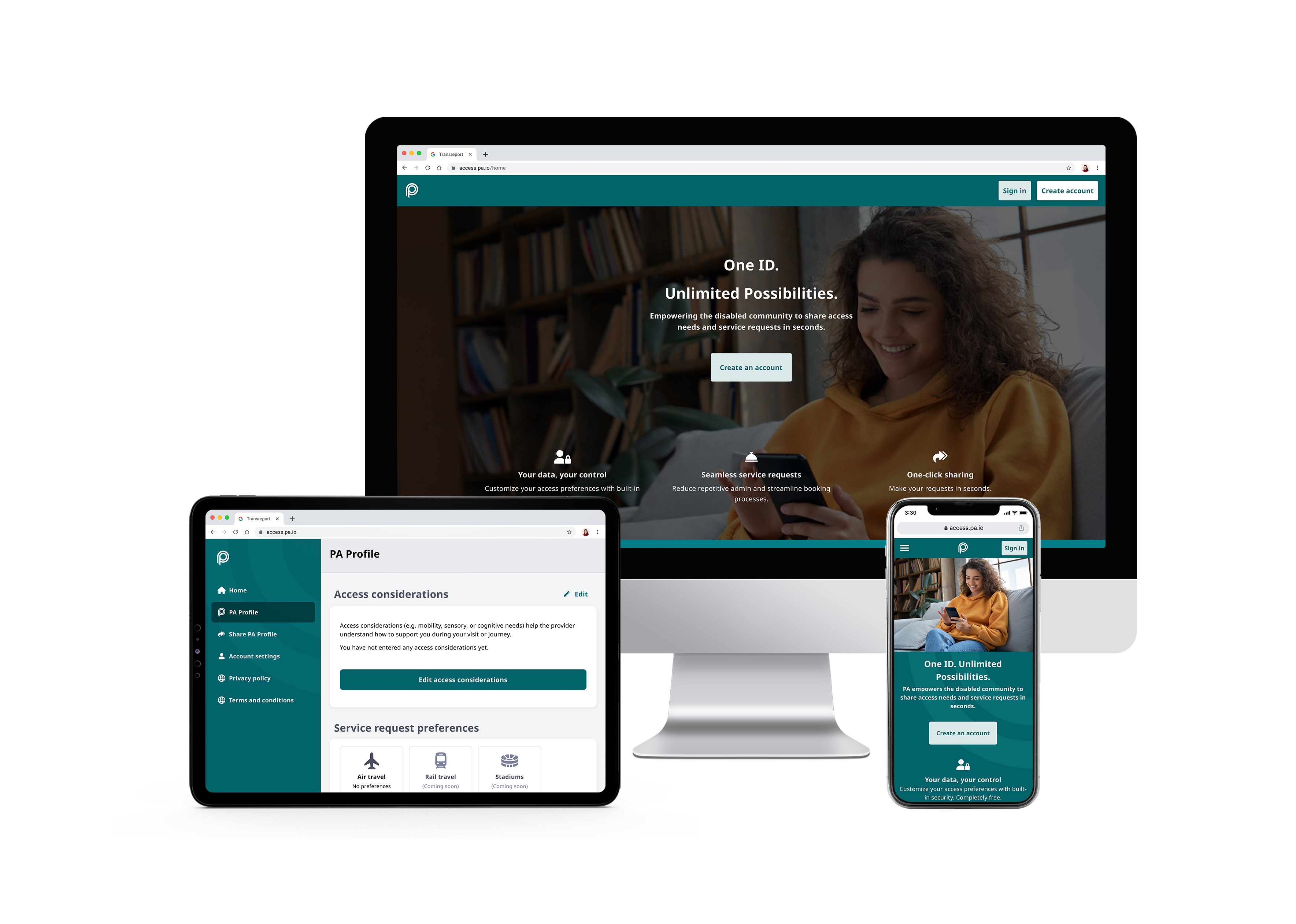 A desktop and smart phone showing the “Create an account” page of PA Access Link for customers. A tablet showing the PA Profile the customer views when they log in.