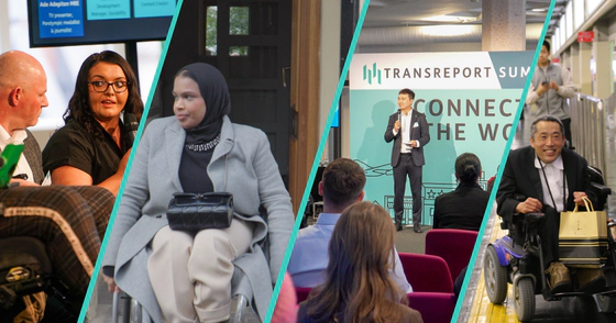 Photo of Emma Partlow and Jason Webb at Transreport Summit 2025, photo of Umaymah Dakri, photo of Jay Shen giving a keynote presentation at Transreport Summit 2025, photo of a Disabled gentleman who is a wheelchair user at a train station in Japan