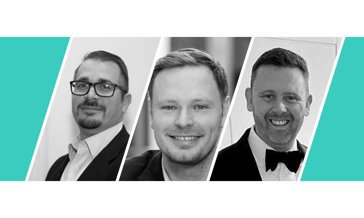 A parallelogram divided into 3 monochrome photographs. From left to right, Carmine Chiuchiolo (Senior Vice President of Global Revenue), Daniel Beutler (Chairman) and Jim Beattie (Chief Technology Officer). Teal background. 