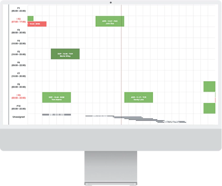 A desktop computer screen showing a shift scheduling interface, with shifts slots segmented by time and day.