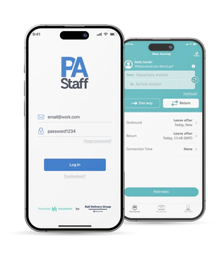 Two smartphones displaying the Passenger Assistance app, one showing the login screen and the other showing the journey booking interface.