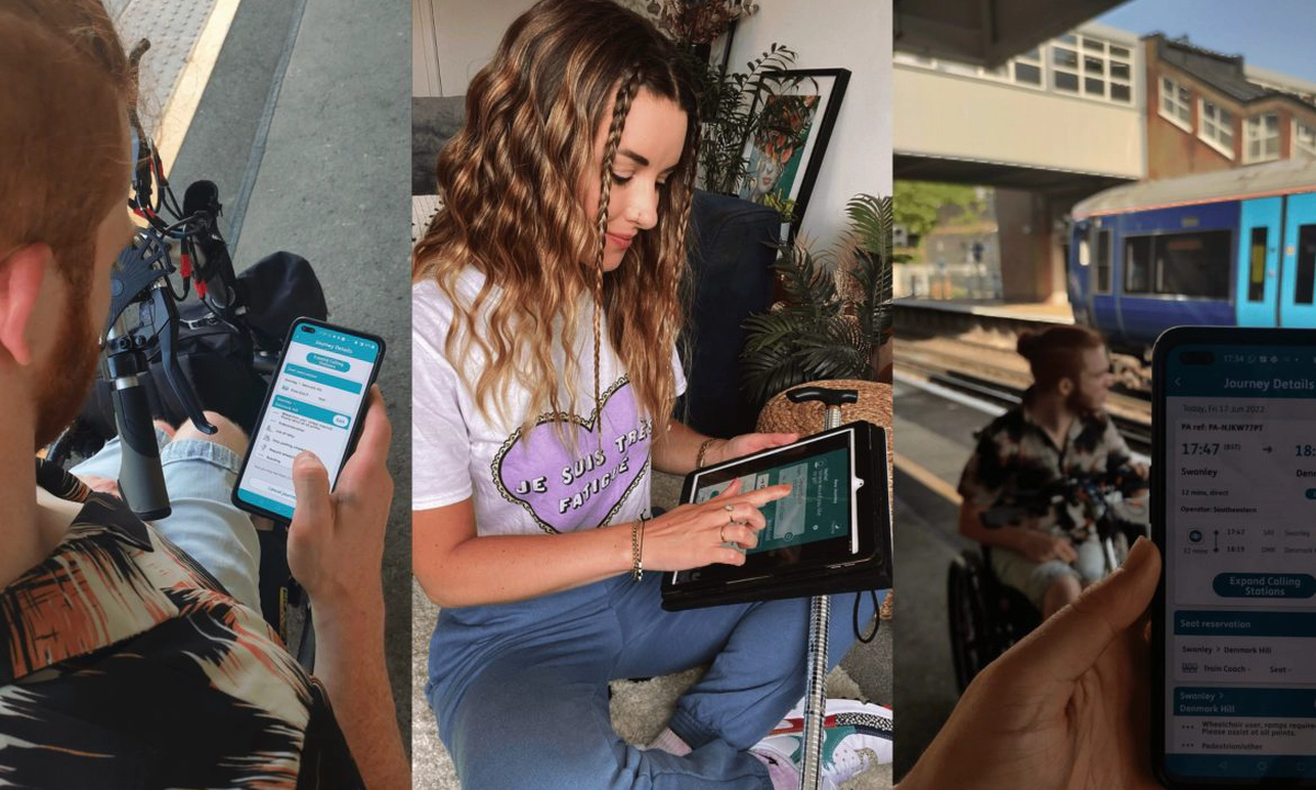 A woman in jeans and a t-shirt, sitting cross-legged, holding a computer tablet using the Passenger Assistance app.