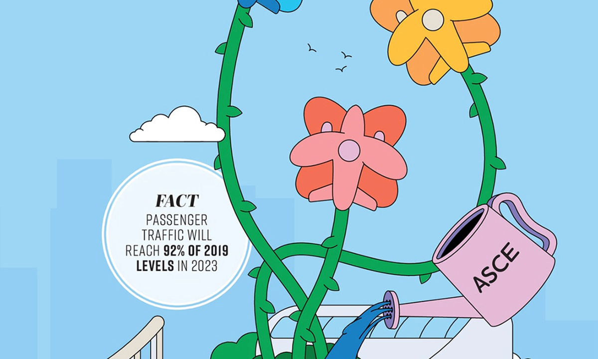 The front page of the June 2023 issue of Passenger Terminal World magazine, featuring a cartoon illustration of a pot of blue, red and yellow flowers, being watered by a pink floating water can with the letters ASCE inlayed, set against a light blue background.